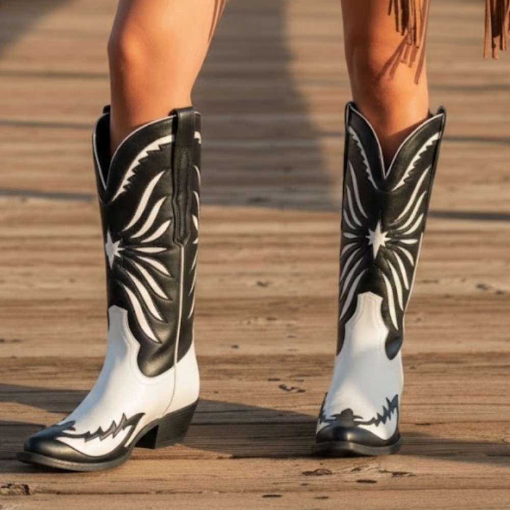 Women's Western Cowgirl Boots Chunky Heel Pointy Toe Knee High Boots US8.